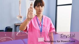  Presentation with rehabilitation - Presentation design enhanced with young-brunette-woman-working background and a coral colored foreground