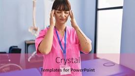  Presentation with rehabilitation - Presentation design consisting of young-brunette-woman-working background and a coral colored foreground