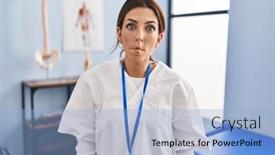  Presentation with recovery - Slide deck with young-brunette-woman-working background and a light blue colored foreground