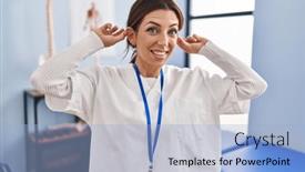  Presentation with recovery - Presentation consisting of young-brunette-woman-working background and a light blue colored foreground