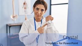  Presentation with recovery - Slide deck consisting of young-brunette-woman-working background and a light blue colored foreground