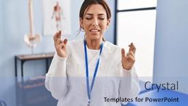  Presentation with recovery - Presentation theme featuring young-brunette-woman-working background and a light blue colored foreground