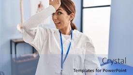  Presentation with recovery - Presentation design enhanced with young-brunette-woman-working background and a  colored foreground