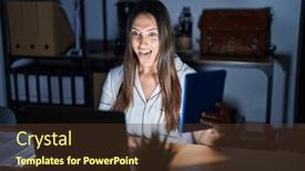  Presentation with emotion - Presentation theme enhanced with young-brunette-woman-working background and a tawny brown colored foreground