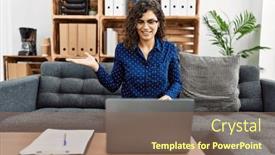  Presentation with achievement - PPT theme enhanced with young-brunette-woman-working background and a violet colored foreground