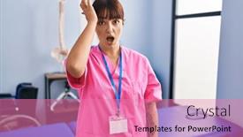  Presentation with rehabilitation - PPT theme featuring young-brunette-woman-working background and a coral colored foreground