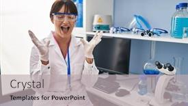  Presentation with mad scientist - Slide set having young-brunette-woman-working background and a light gray colored foreground