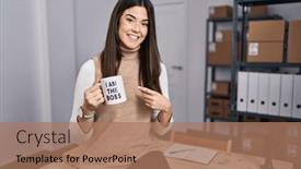  Presentation with ecommerce - Slides consisting of young-brunette-woman-working background and a coral colored foreground