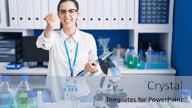  Presentation with mad scientist - Presentation theme enhanced with young-brunette-woman-working background and a light blue colored foreground