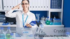  Presentation with thought - Presentation theme with young-brunette-woman-working background and a light blue colored foreground