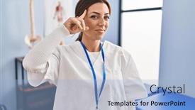  Presentation with great idea - Presentation theme with young-brunette-woman-working background and a light blue colored foreground