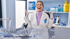  Presentation with mad scientist - Presentation featuring young-brunette-woman-working background and a light blue colored foreground