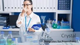  Presentation with bad breath - Presentation theme having young-brunette-woman-working background and a light blue colored foreground