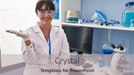  Presentation with hand palm - PPT theme consisting of young-brunette-woman-working background and a light gray colored foreground