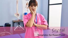  Presentation with rehabilitation - PPT theme having young-brunette-woman-working background and a coral colored foreground