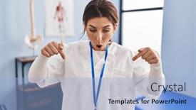  Presentation with face pain - Slide set featuring young-brunette-woman-working background and a light blue colored foreground