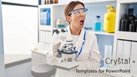  Presentation with mad scientist - Presentation enhanced with young-brunette-woman-working background and a light gray colored foreground