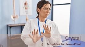  Presentation with face pain - Presentation design featuring young-brunette-woman-working background and a soft green colored foreground