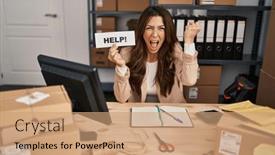  Presentation with yelling - Presentation theme featuring young-brunette-woman-working background and a  colored foreground