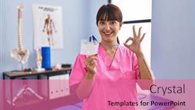  Presentation with rehabilitation - Presentation theme enhanced with young-brunette-woman-working background and a coral colored foreground