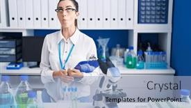  Presentation with lips - Presentation having young-brunette-woman-working background and a light blue colored foreground