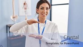  Presentation with recovery - Presentation having young-brunette-woman-working background and a light blue colored foreground