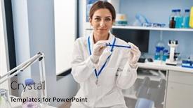  Presentation with simple - Slide set enhanced with young-brunette-woman-working background and a light gray colored foreground