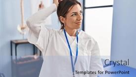  Presentation with recovery - PPT theme with young-brunette-woman-working background and a light blue colored foreground