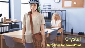  Presentation with attitude - PPT theme with young-brunette-woman-working background and a violet colored foreground