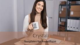  Presentation with working - Slide deck consisting of young-brunette-woman-working and a coral colored foreground