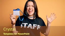  Presentation with worker - PPT theme enhanced with young-brunette-worker-woman-wearing background and a tawny brown colored foreground