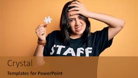  Presentation with work together growth teamwork - Beautiful PPT theme featuring young-brunette-worker-woman-wearing backdrop and a red colored foreground