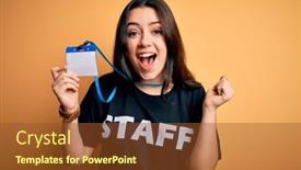  Presentation with emotion - PPT theme enhanced with young-brunette-worker-woman-wearing background and a tawny brown colored foreground