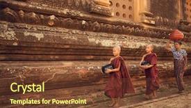 Presentation with myanmar bagan - Slide set with young buddhist novice monks walk background and a tawny brown colored foreground