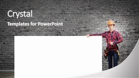  Presentation with builder - Theme with young builder man in hardhat holding white blank banner background and a gray colored foreground