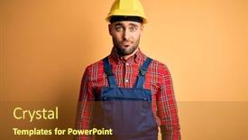  Presentation with safety construction - Colorful slide deck enhanced with young-builder-man-wearing-construction backdrop and a tawny brown colored foreground