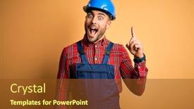  Presentation with safety construction - PPT theme enhanced with young-builder-man-wearing-construction background and a tawny brown colored foreground