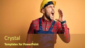  Presentation with safety construction - Amazing PPT theme having young-builder-man-wearing-construction backdrop and a tawny brown colored foreground