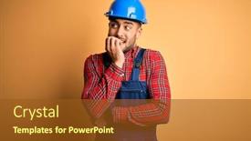  Presentation with safety construction - Cool new PPT layouts with young-builder-man-wearing-construction backdrop and a tawny brown colored foreground