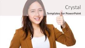  Presentation with showing world map for shipping - PPT theme featuring young buisnesswoman showing thumb up background and a lemonade colored foreground