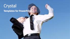  Presentation with joy - Cool new PPT theme with young busiinessman is jumping with joy over a blue sky in a garden backdrop and a teal colored foreground