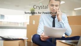  Presentation with consulting - PPT theme enhanced with young business agent in formalwear sitting on the floor with crossed legs among unpacked boxes and consulting clients by phone background and a soft green colored foreground
