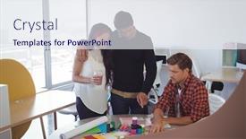  Presentation with business office desk - PPT layouts with young-business-colleagues-discussing-over background and a  colored foreground