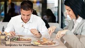  Presentation with lunch - Audience pleasing PPT theme consisting of young business couple on lunch backdrop and a coral colored foreground
