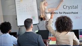  Presentation with conference - Colorful PPT theme enhanced with young-business-female-rising-hand backdrop and a light blue colored foreground