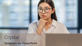  Presentation with lady - Presentation theme with young-business-lady-working background and a coral colored foreground