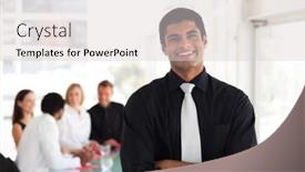  Presentation with team leader - Amazing presentation design having young business leader in front of his team backdrop and a light gray colored foreground