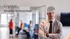  Presentation with business purpose - Slide set consisting of young-business-leader-stands and a light gray colored foreground