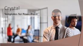  Presentation with business purpose - Presentation enhanced with young-business-leader-stands and a light gray colored foreground