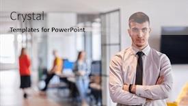  Presentation with business purpose - PPT theme having young-business-leader-stands and a light gray colored foreground